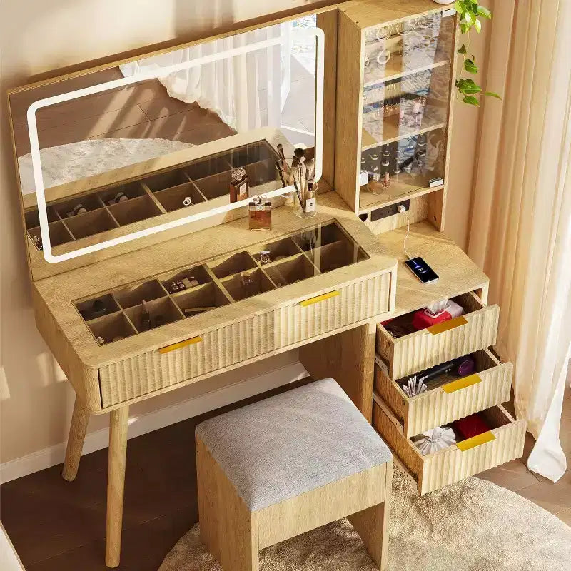 Vanity Desk with LED Mirror, Glass Top, Charging Station and Cushioned Storage Stool, with Jewelry Cabinet