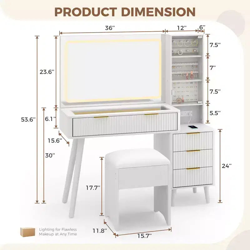 Vanity Desk with LED Mirror, Glass Top, Charging Station and Cushioned Storage Stool, with Jewelry Cabinet