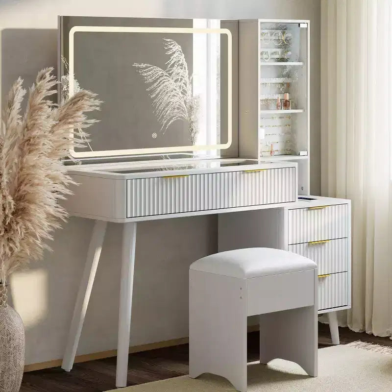 Vanity Desk with LED Mirror, Glass Top, Charging Station and Cushioned Storage Stool, with Jewelry Cabinet