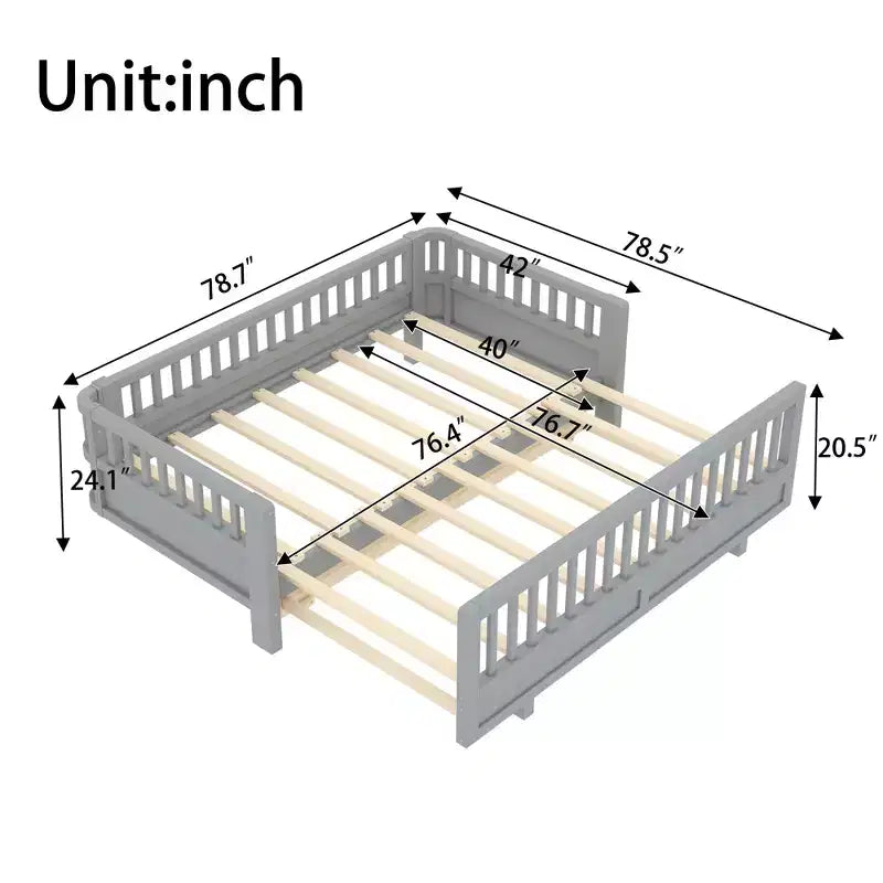 Convertible Twin to Double Solid Wood Platform Bed with Guardrails, for Kids and Teens