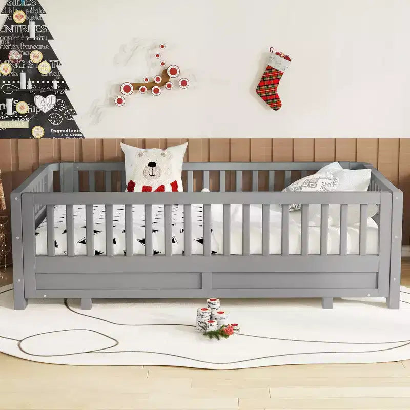 Convertible Twin to Double Solid Wood Platform Bed with Guardrails, for Kids and Teens