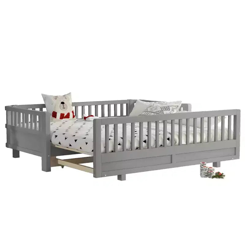 Convertible Twin to Double Solid Wood Platform Bed with Guardrails, for Kids and Teens