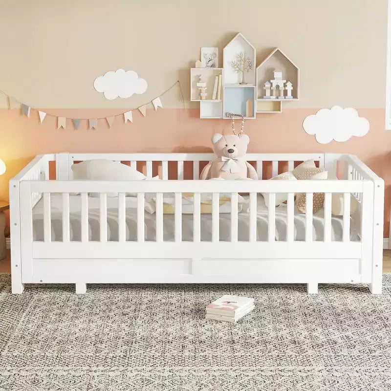 Convertible Twin to Double Solid Wood Platform Bed with Guardrails, for Kids and Teens