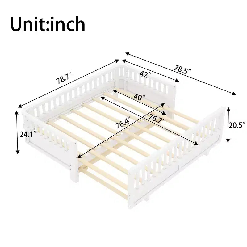 Convertible Twin to Double Solid Wood Platform Bed with Guardrails, for Kids and Teens