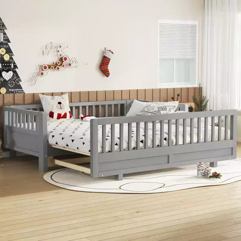 Convertible Twin to Double Solid Wood Platform Bed with Guardrails, for Kids and Teens