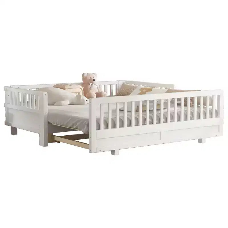 Convertible Twin to Double Solid Wood Platform Bed with Guardrails, for Kids and Teens