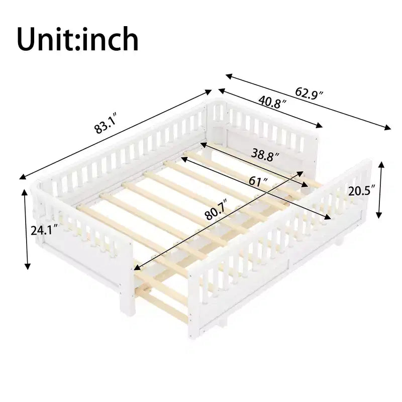 Convertible Twin to Double Solid Wood Platform Bed with Guardrails, for Kids and Teens