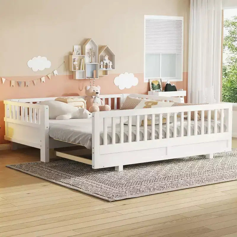 Convertible Twin to Double Solid Wood Platform Bed with Guardrails, for Kids and Teens