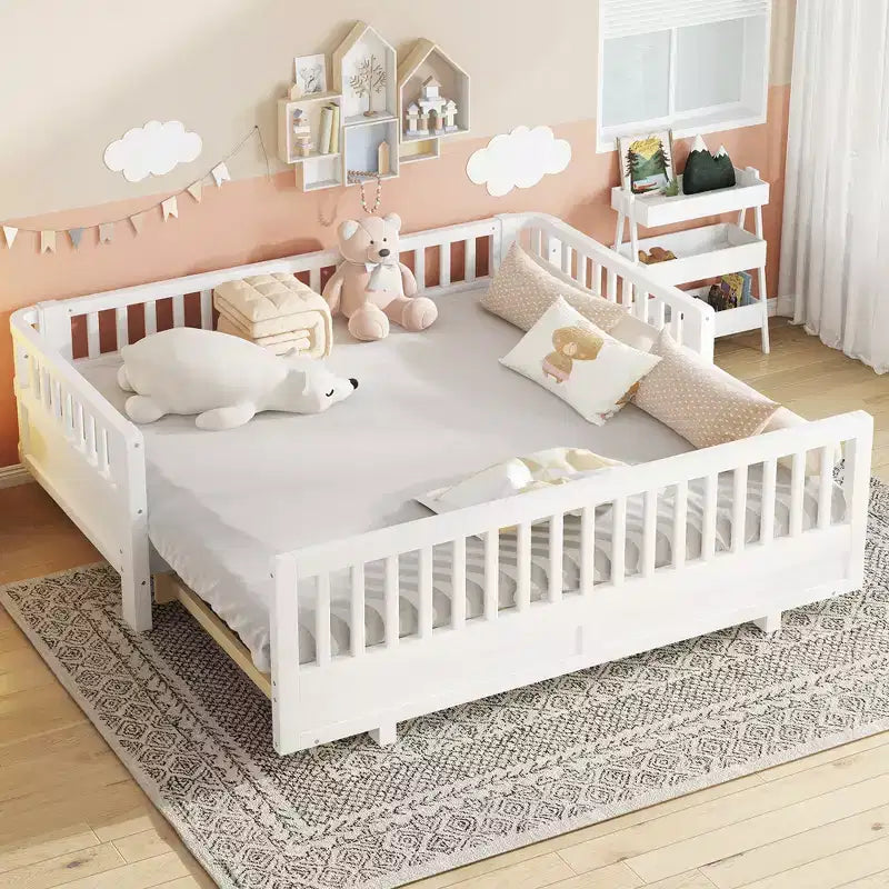 Convertible Twin to Double Solid Wood Platform Bed with Guardrails, for Kids and Teens