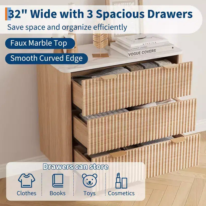 32-Inch Fluted Nightstand with Faux Marble Top and 3 Smooth-Glide Drawers, Natural Oak Finish
