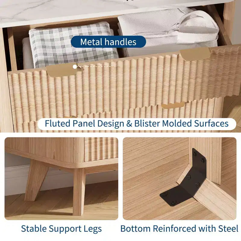 32-Inch Fluted Nightstand with Faux Marble Top and 3 Smooth-Glide Drawers, Natural Oak Finish
