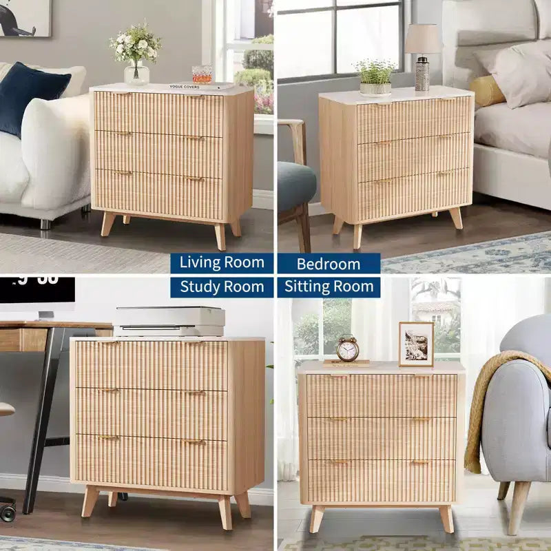 32-Inch Fluted Nightstand with Faux Marble Top and 3 Smooth-Glide Drawers, Natural Oak Finish