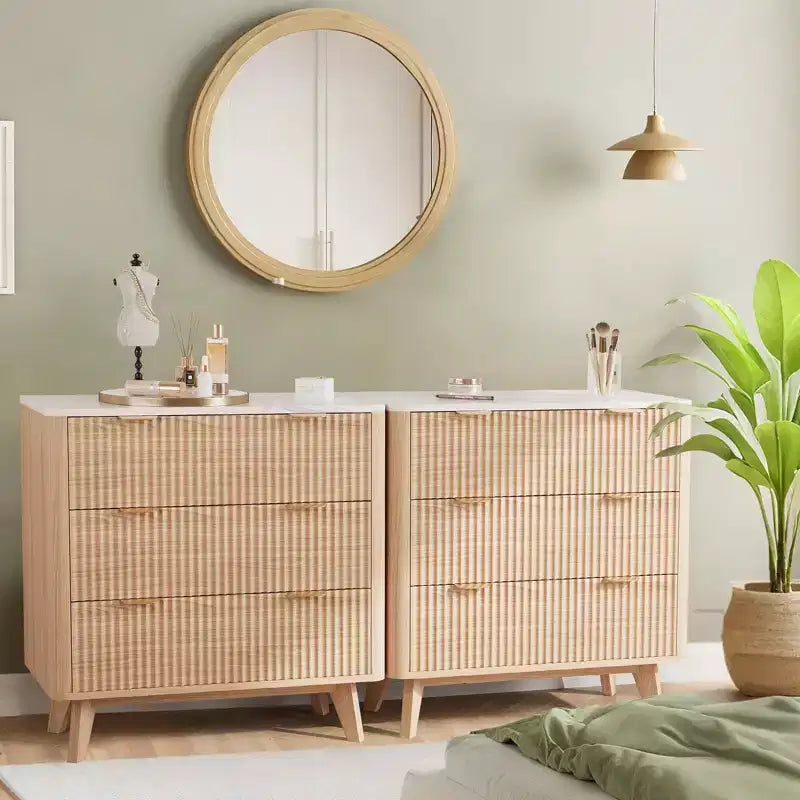 32-Inch Fluted Nightstand with Faux Marble Top and 3 Smooth-Glide Drawers, Natural Oak Finish