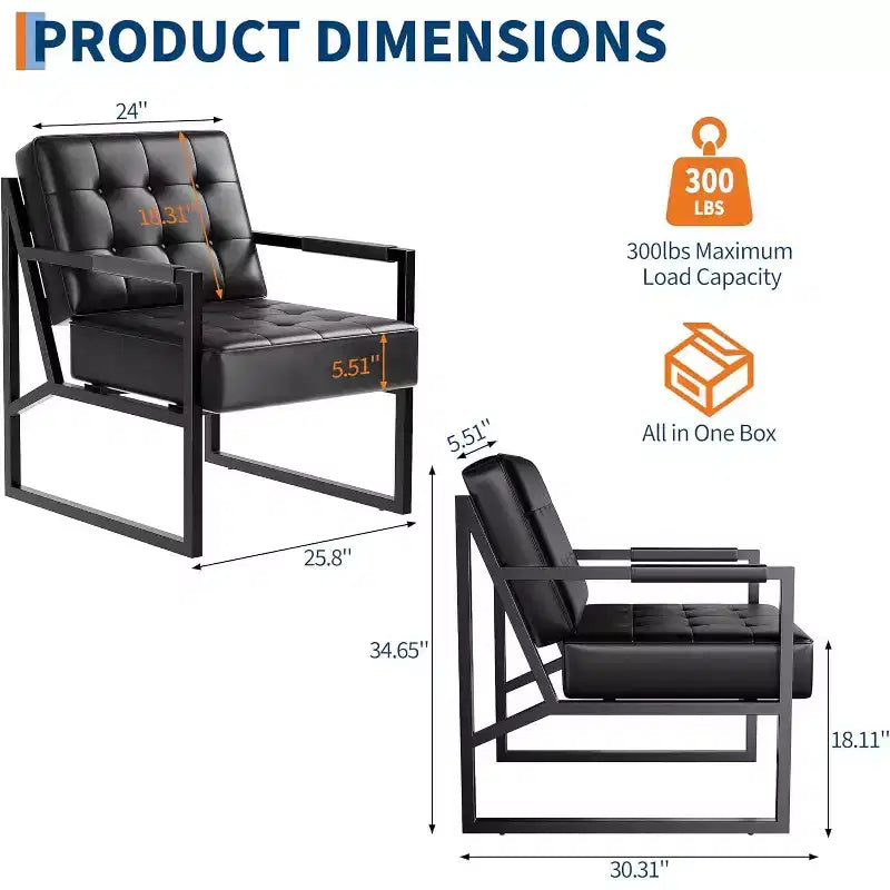 Mid-Century Faux Leather Accent Armchair with Metal Legs, Ergonomic Cushioned Seat, Black