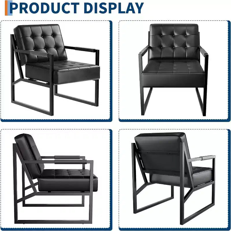 Mid-Century Faux Leather Accent Armchair with Metal Legs, Ergonomic Cushioned Seat, Black
