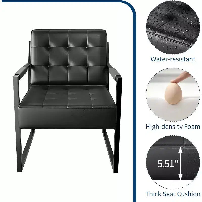 Mid-Century Faux Leather Accent Armchair with Metal Legs, Ergonomic Cushioned Seat, Black