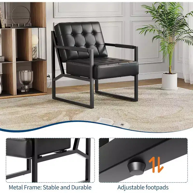 Mid-Century Faux Leather Accent Armchair with Metal Legs, Ergonomic Cushioned Seat, Black