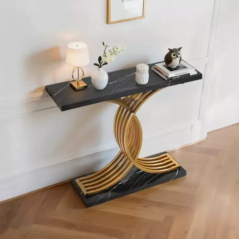 39-Inch Narrow Console Sofa Table with Gold Metal Base, Black and Gold