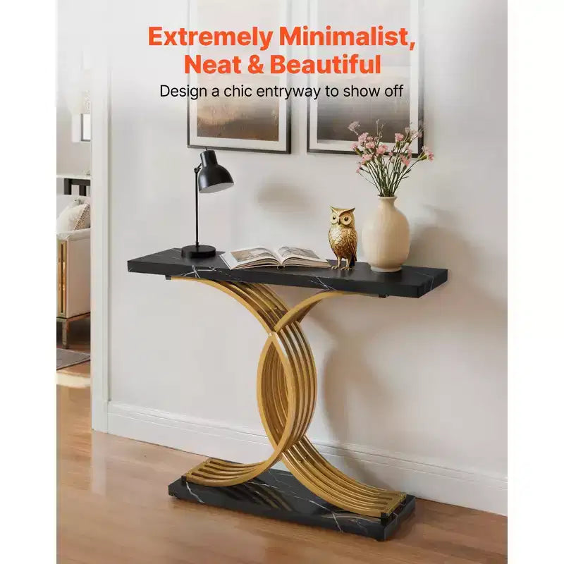 39-Inch Narrow Console Sofa Table with Gold Metal Base, Black and Gold