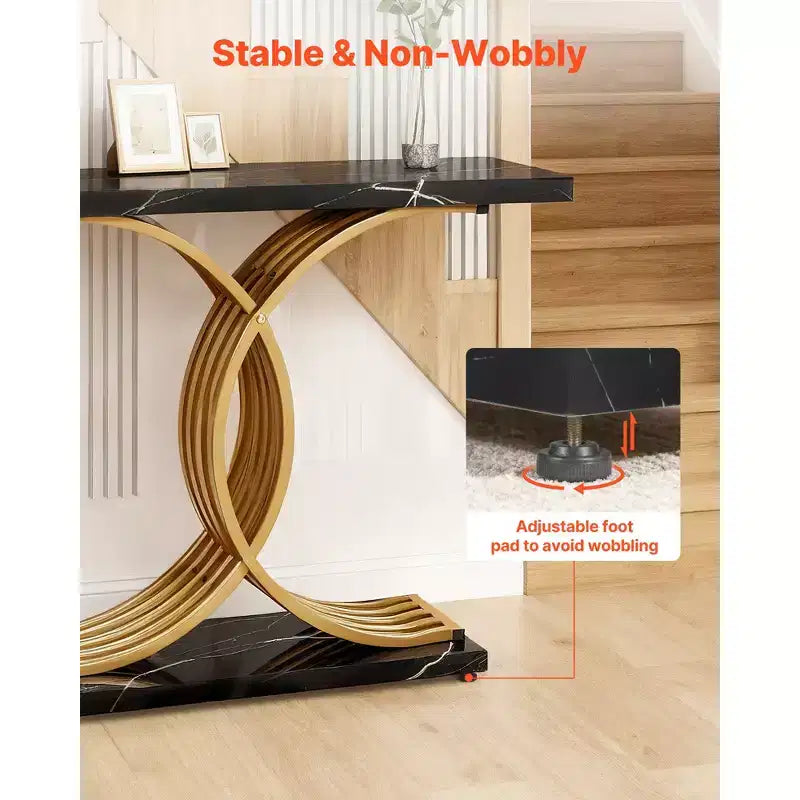 39-Inch Narrow Console Sofa Table with Gold Metal Base, Black and Gold