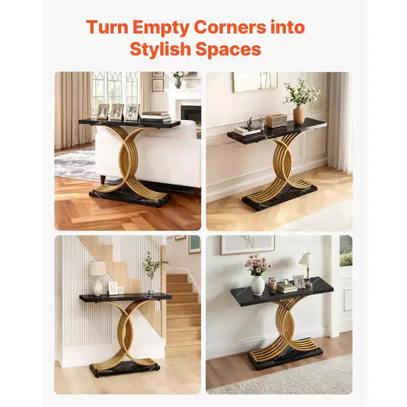 39-Inch Narrow Console Sofa Table with Gold Metal Base, Black and Gold