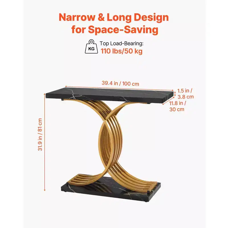 39-Inch Narrow Console Sofa Table with Gold Metal Base, Black and Gold