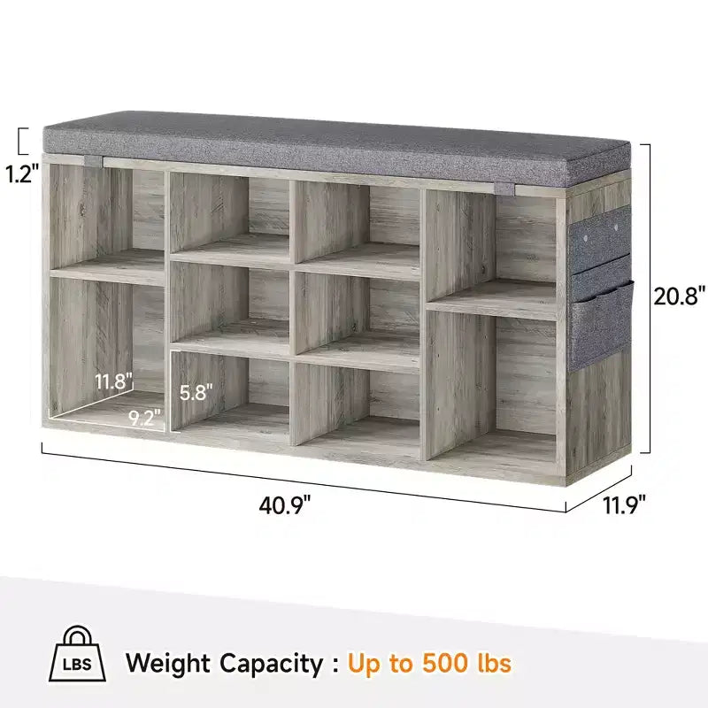 Entryway Shoe Storage Bench with Cushioned Seat and 10 Cubbies, 3-Tier Adjustable Rack
