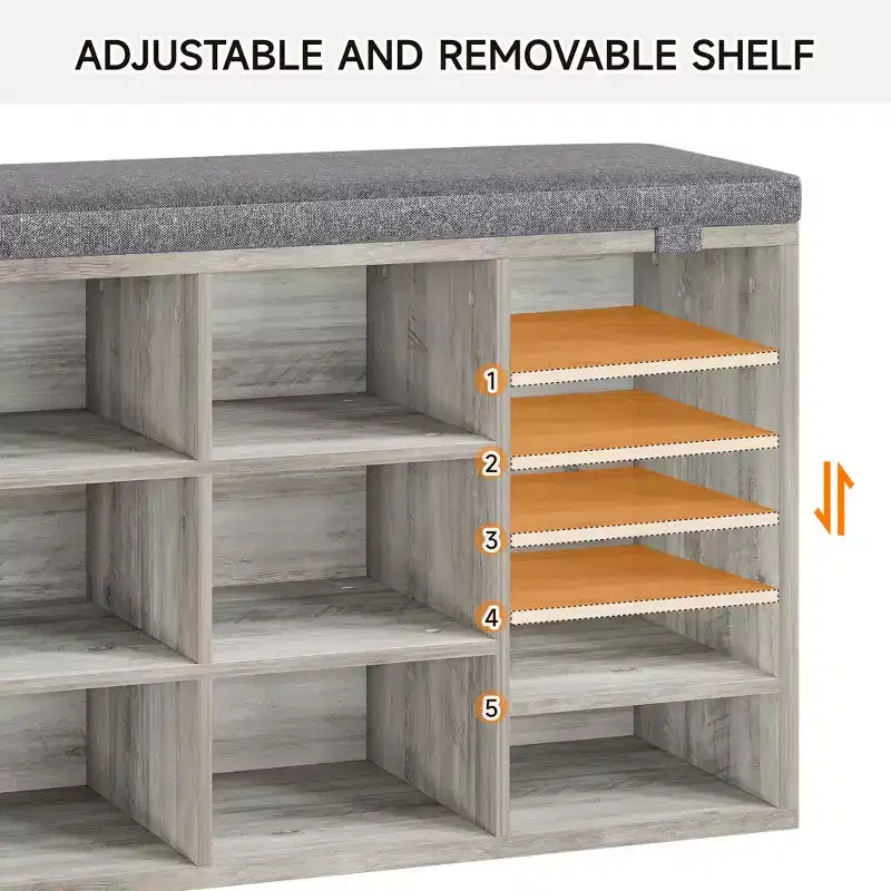 Entryway Shoe Storage Bench with Cushioned Seat and 10 Cubbies, 3-Tier Adjustable Rack