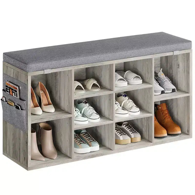 Entryway Shoe Storage Bench with Cushioned Seat and 10 Cubbies, 3-Tier Adjustable Rack
