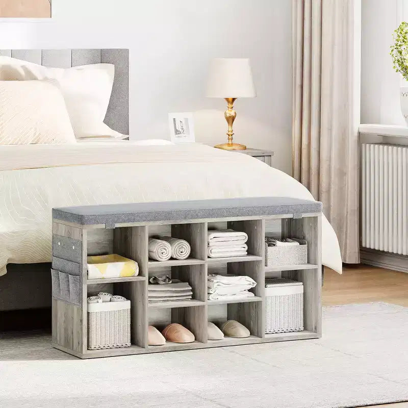 Entryway Shoe Storage Bench with Cushioned Seat and 10 Cubbies, 3-Tier Adjustable Rack