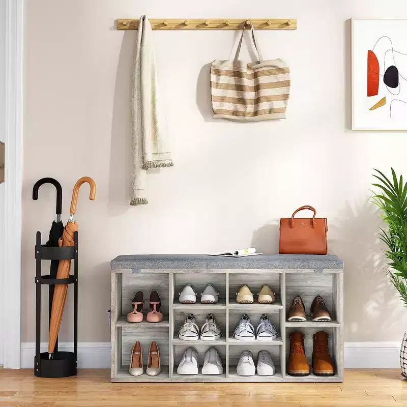 Entryway Shoe Storage Bench with Cushioned Seat and 10 Cubbies, 3-Tier Adjustable Rack