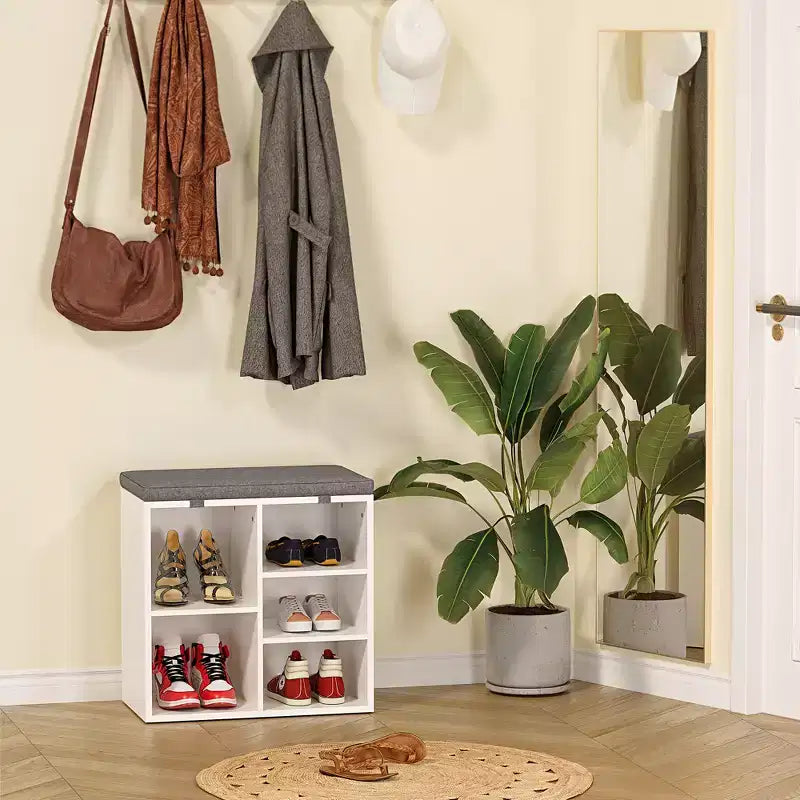 Entryway Shoe Storage Bench with Cushioned Seat and 10 Cubbies, 3-Tier Adjustable Rack
