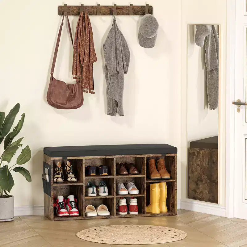 Entryway Shoe Storage Bench with Cushioned Seat and 10 Cubbies, 3-Tier Adjustable Rack
