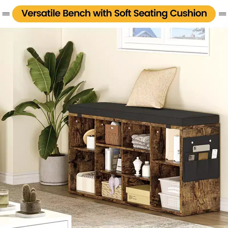 Entryway Shoe Storage Bench with Cushioned Seat and 10 Cubbies, 3-Tier Adjustable Rack