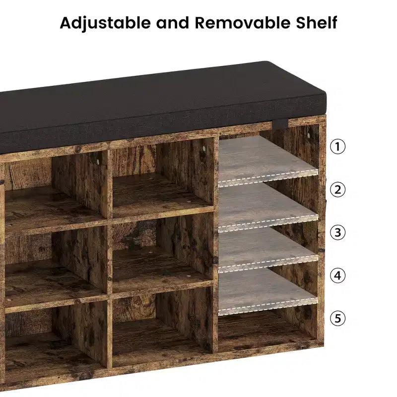 Entryway Shoe Storage Bench with Cushioned Seat and 10 Cubbies, 3-Tier Adjustable Rack