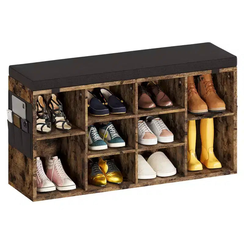 Entryway Shoe Storage Bench with Cushioned Seat and 10 Cubbies, 3-Tier Adjustable Rack