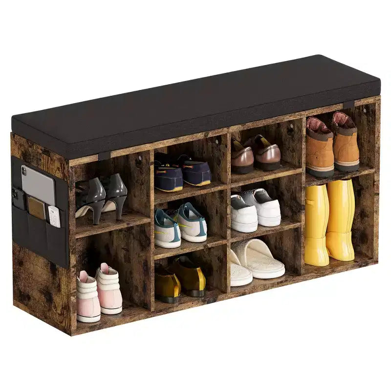 Entryway Shoe Storage Bench with Cushioned Seat and 10 Cubbies, 3-Tier Adjustable Rack