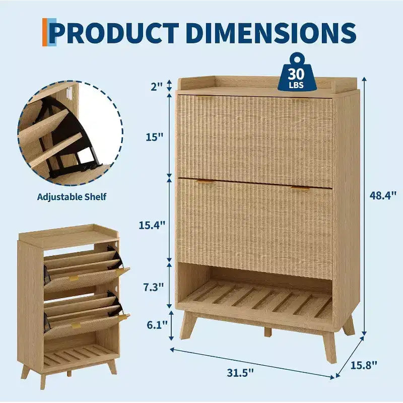 48-Inch Narrow Fluted Shoe Cabinet with 2 Flip-Up Drawers, Adjustable Shelves and Open Bottom Shelf