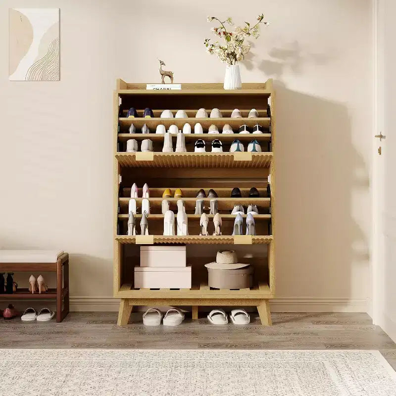 48-Inch Narrow Fluted Shoe Cabinet with 2 Flip-Up Drawers, Adjustable Shelves and Open Bottom Shelf