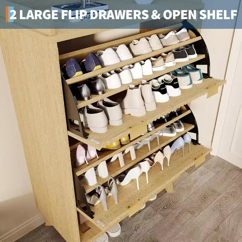 48-Inch Narrow Fluted Shoe Cabinet with 2 Flip-Up Drawers, Adjustable Shelves and Open Bottom Shelf