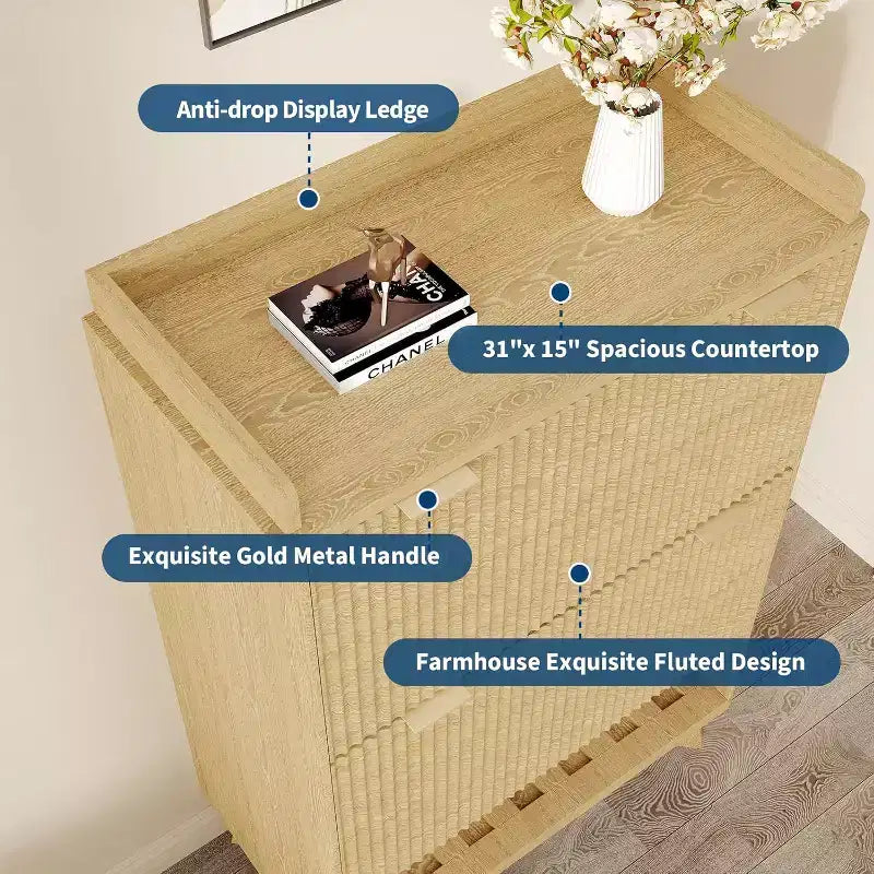 48-Inch Narrow Fluted Shoe Cabinet with 2 Flip-Up Drawers, Adjustable Shelves and Open Bottom Shelf