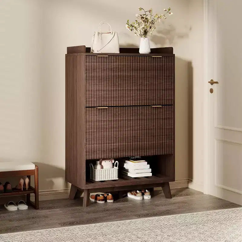 48-Inch Narrow Fluted Shoe Cabinet with 2 Flip-Up Drawers, Adjustable Shelves and Open Bottom Shelf