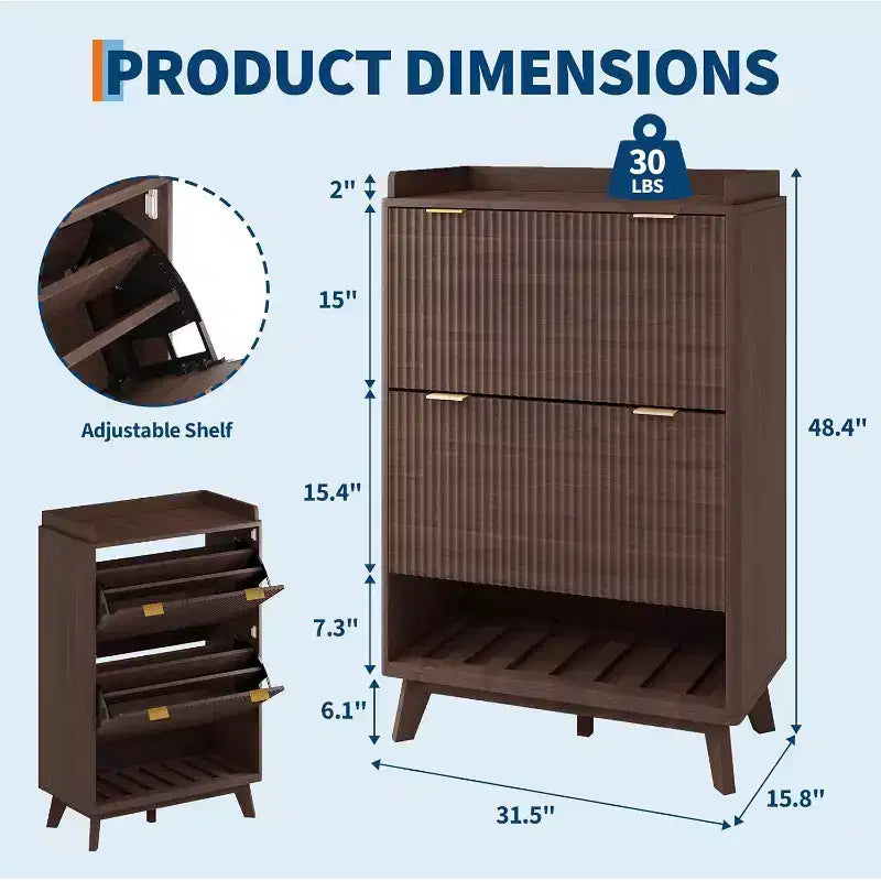 48-Inch Narrow Fluted Shoe Cabinet with 2 Flip-Up Drawers, Adjustable Shelves and Open Bottom Shelf
