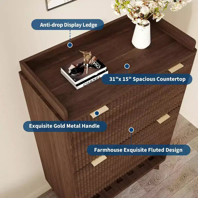 48-Inch Narrow Fluted Shoe Cabinet with 2 Flip-Up Drawers, Adjustable Shelves and Open Bottom Shelf
