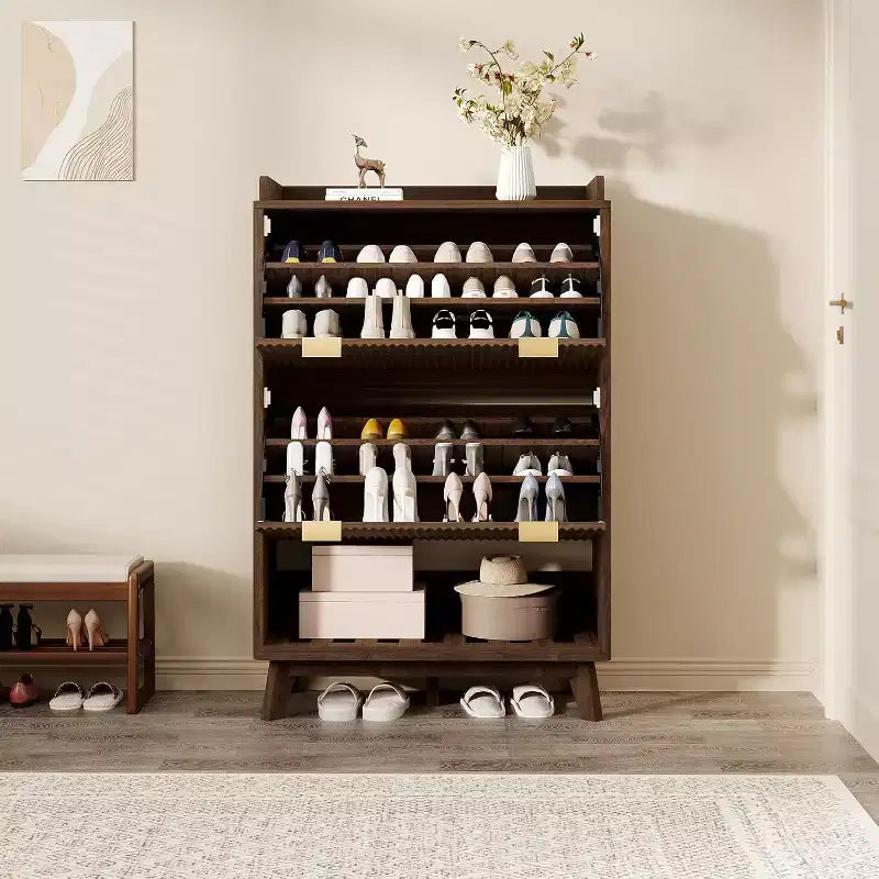 48-Inch Narrow Fluted Shoe Cabinet with 2 Flip-Up Drawers, Adjustable Shelves and Open Bottom Shelf