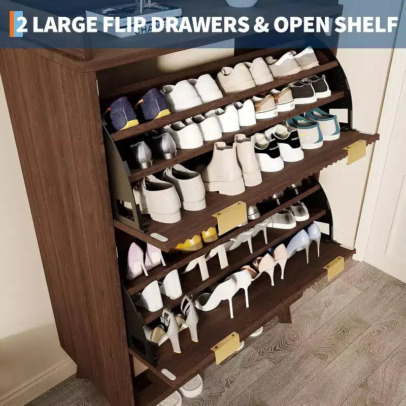 48-Inch Narrow Fluted Shoe Cabinet with 2 Flip-Up Drawers, Adjustable Shelves and Open Bottom Shelf
