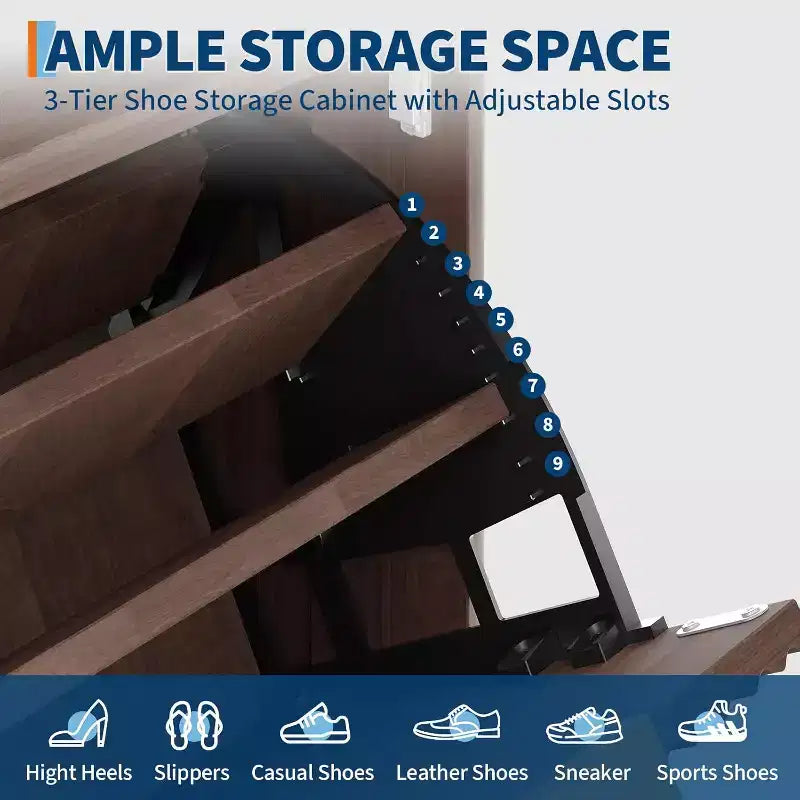 48-Inch Narrow Fluted Shoe Cabinet with 2 Flip-Up Drawers, Adjustable Shelves and Open Bottom Shelf