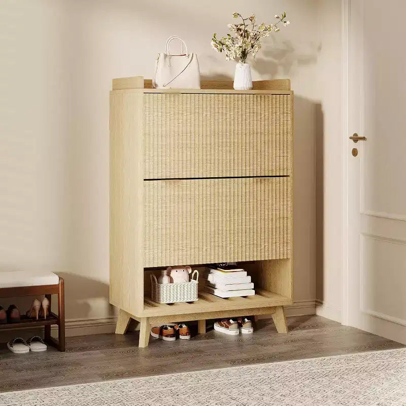 48-Inch Narrow Fluted Shoe Cabinet with 2 Flip-Up Drawers, Adjustable Shelves and Open Bottom Shelf