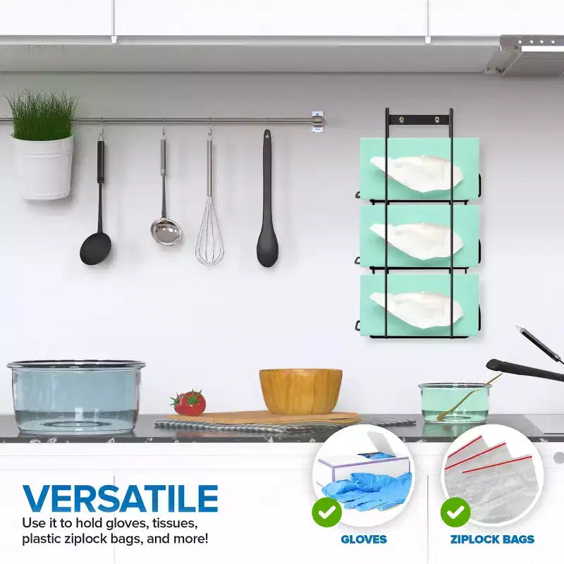 Black Metal Triple Glove Box Dispenser Wall Mount for Kitchen, Lab and Office
