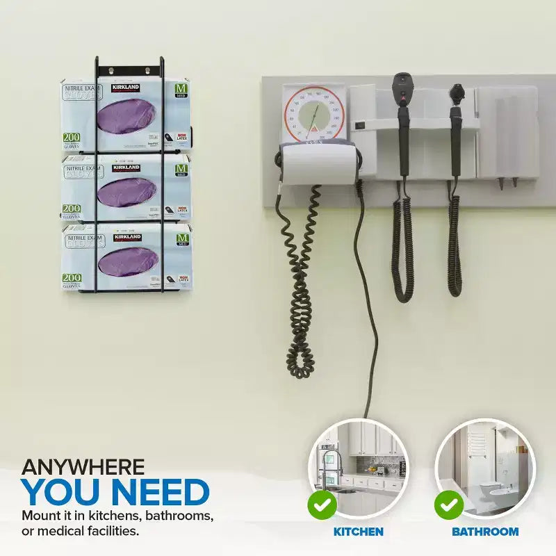 Black Metal Triple Glove Box Dispenser Wall Mount for Kitchen, Lab and Office
